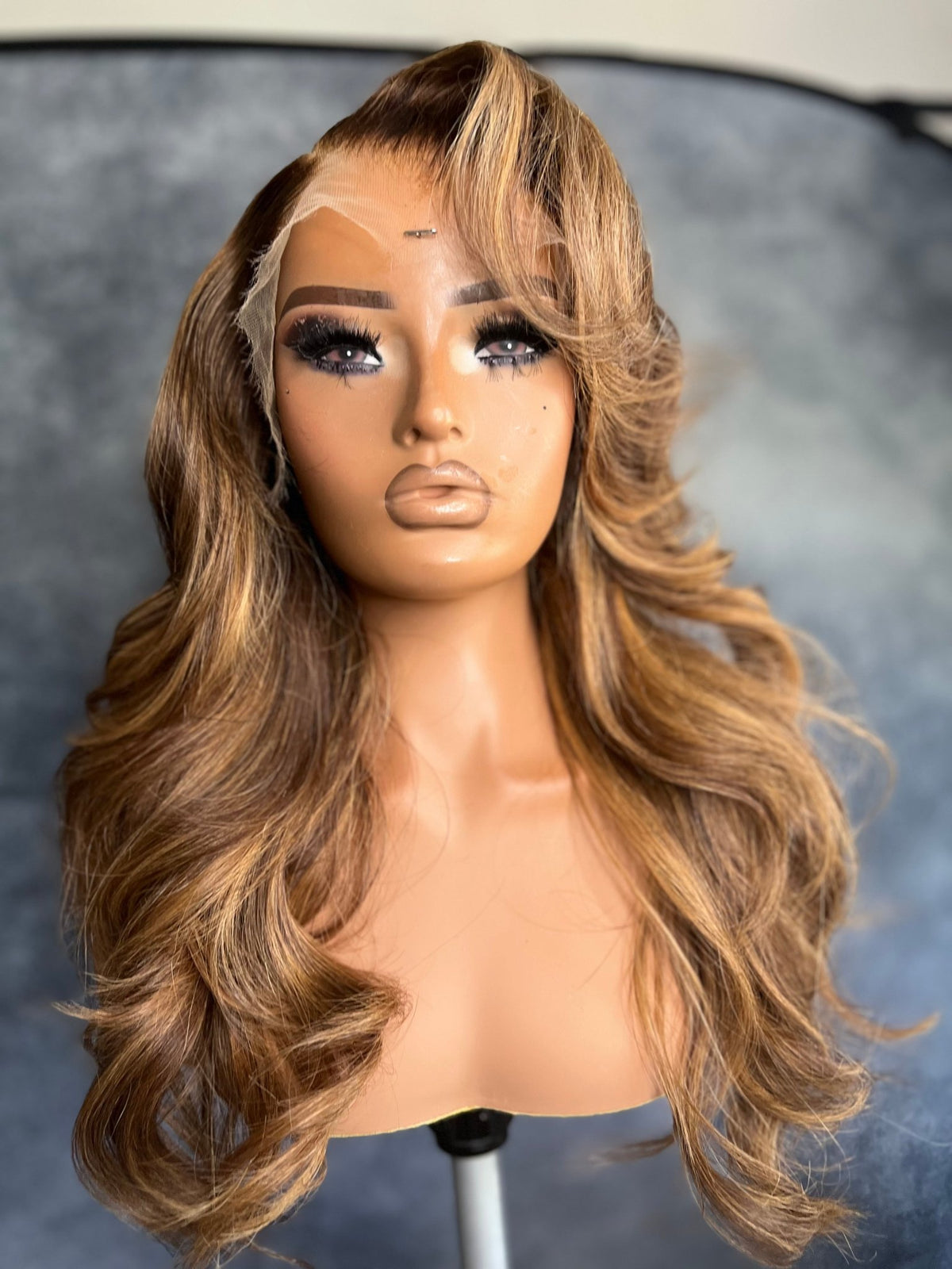 Miel Doré glueless wig with honey caramel blonde highlights — 13x6 HD lace frontal, virgin straight hair, 22 inches, medium cap — by Glamboda