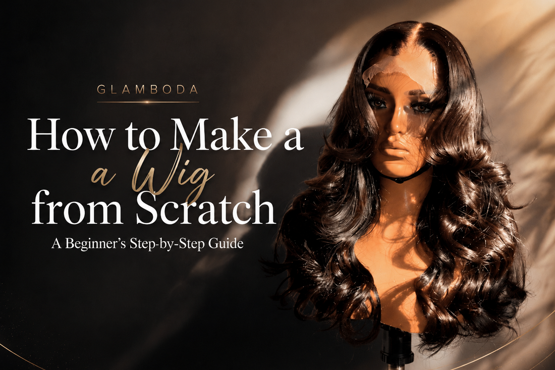 black wig on a luxurious background that says how to make a wig from scratch for beginners or anyone who wants to learn how