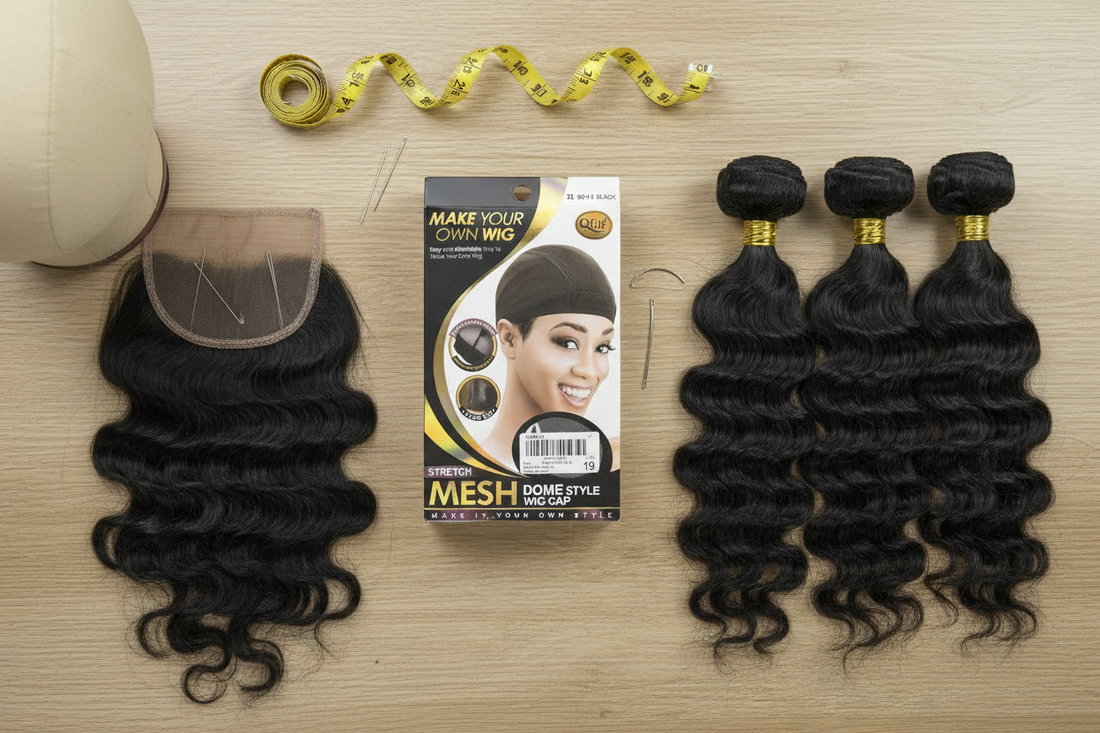 Wig-making supplies flat lay, canvas block head, black lace closure, black hair bundles, measuring tape, T-pins,curved needle