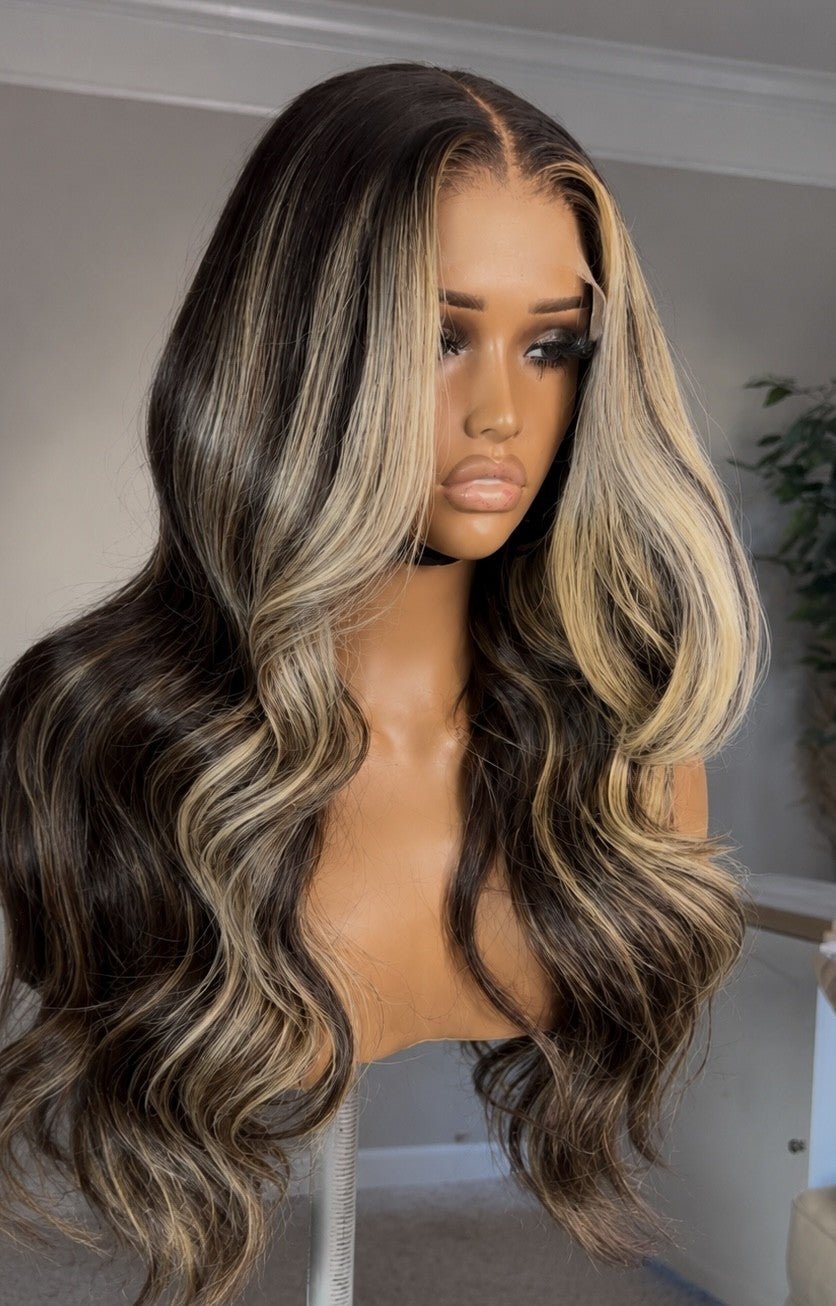 Soleil glueless blonde highlight raw hair wig with 5x5 HD closure — 200% density, natural straight with soft curls — by Glamboda